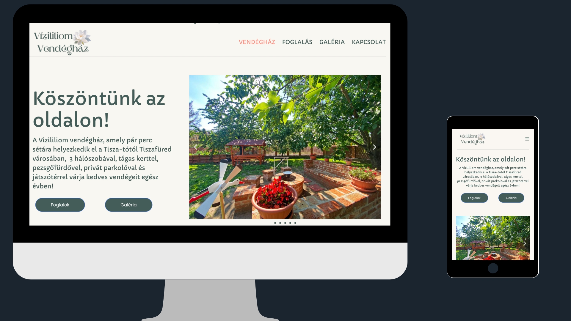 Vízililiom Vendégház weboldalának képernyőképe